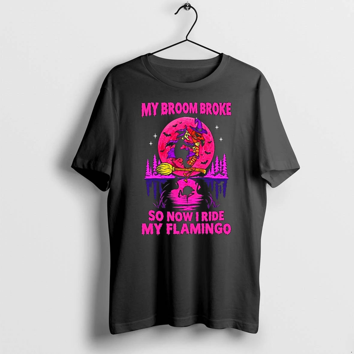 Witch And Flamingo My Broom Broke So Now I Ride My Flamingo Halloween 0 Tshirts Sweater Hoodie