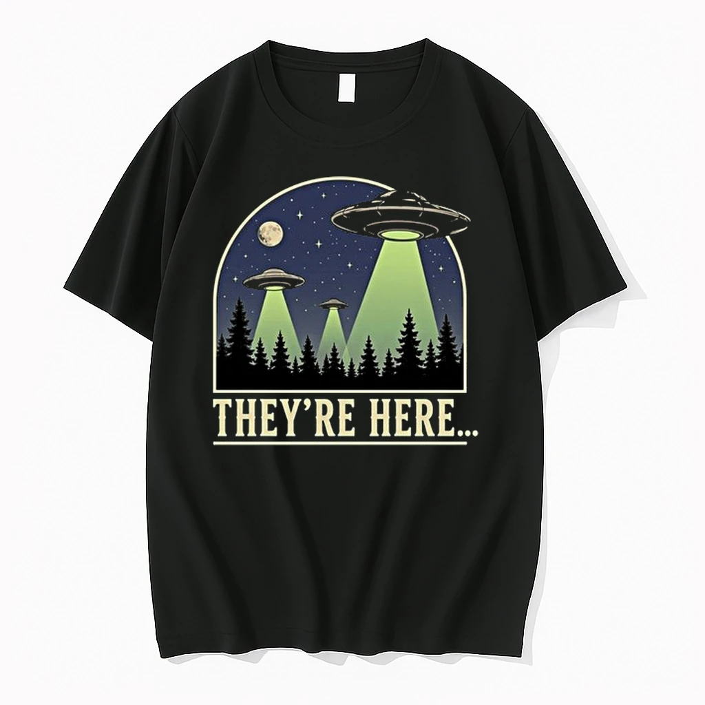 Theyre Here Three Ufos Flying Over Pine Forest At Night Moon 0 Tshirts Sweater Hoodie